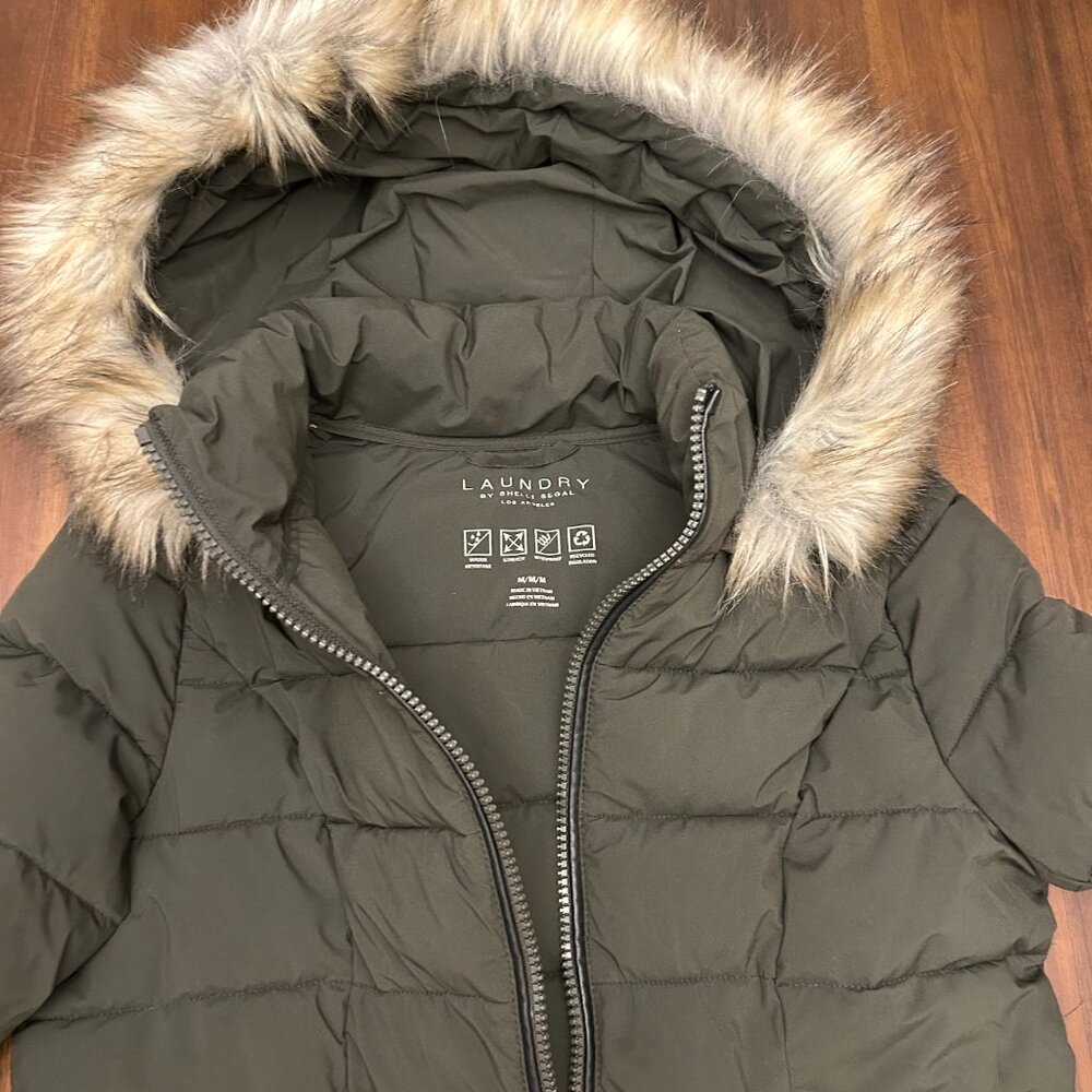 Laundry By Shelli Segal Detachable Fur Hood Puffer Jacket Size M Olive Green - Picture 6 of 16